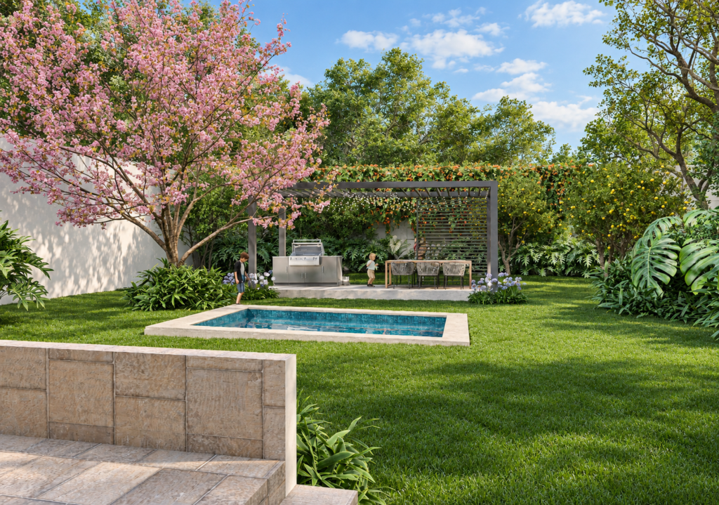 Jardin piscina y pergola_